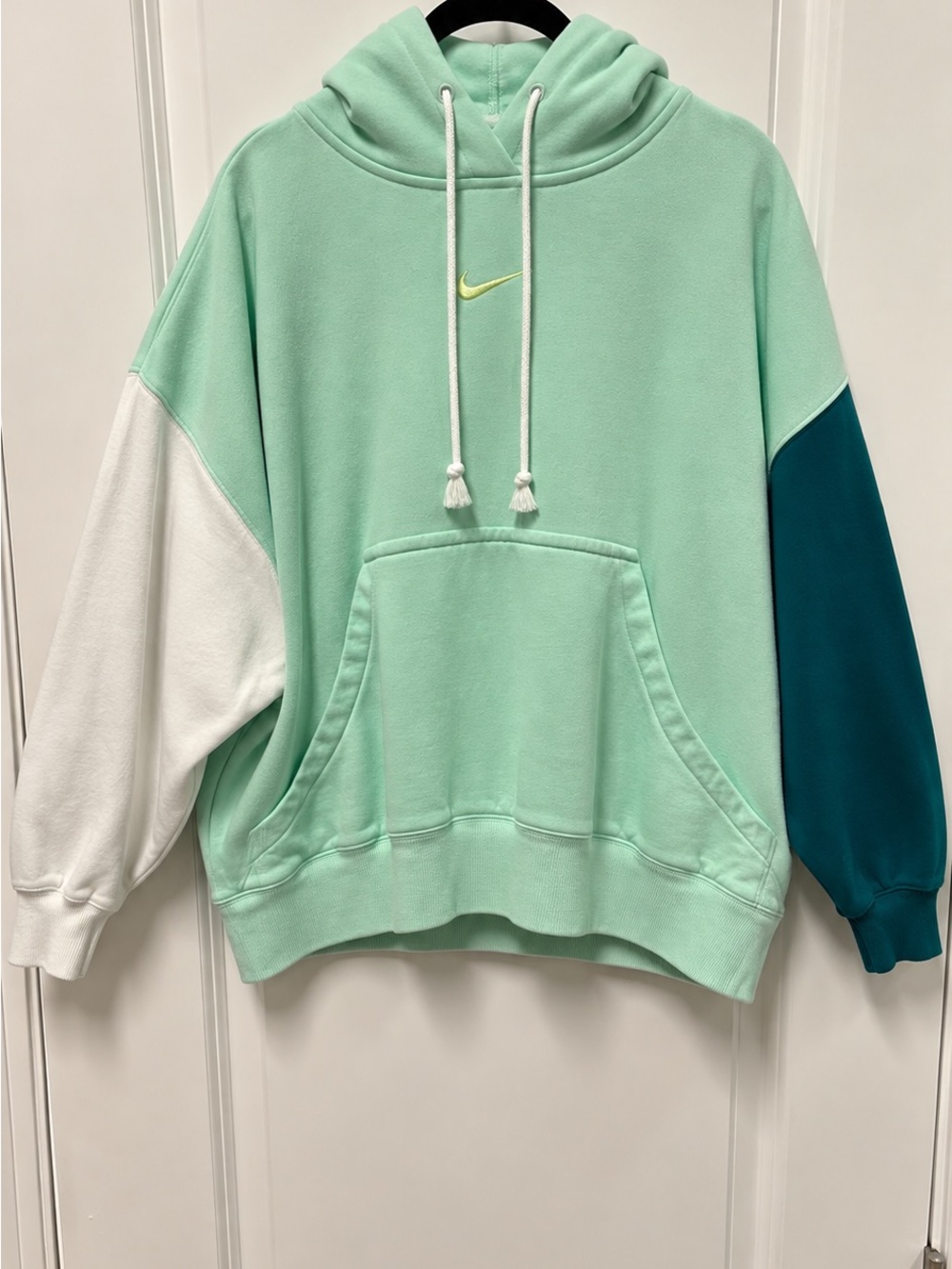 Nike Mint Green Colorblock Crewneck Hoodie with White and Teal Sleeves